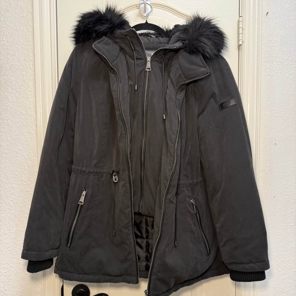 Women's DKNY Black Fur Adirondack Coat Sz L